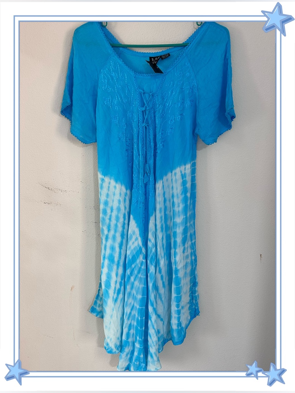 S.R.Fashion Chambray Tie-Dye Lace Up Neck Crochet Trim Dress Blue OS Boho Flowy